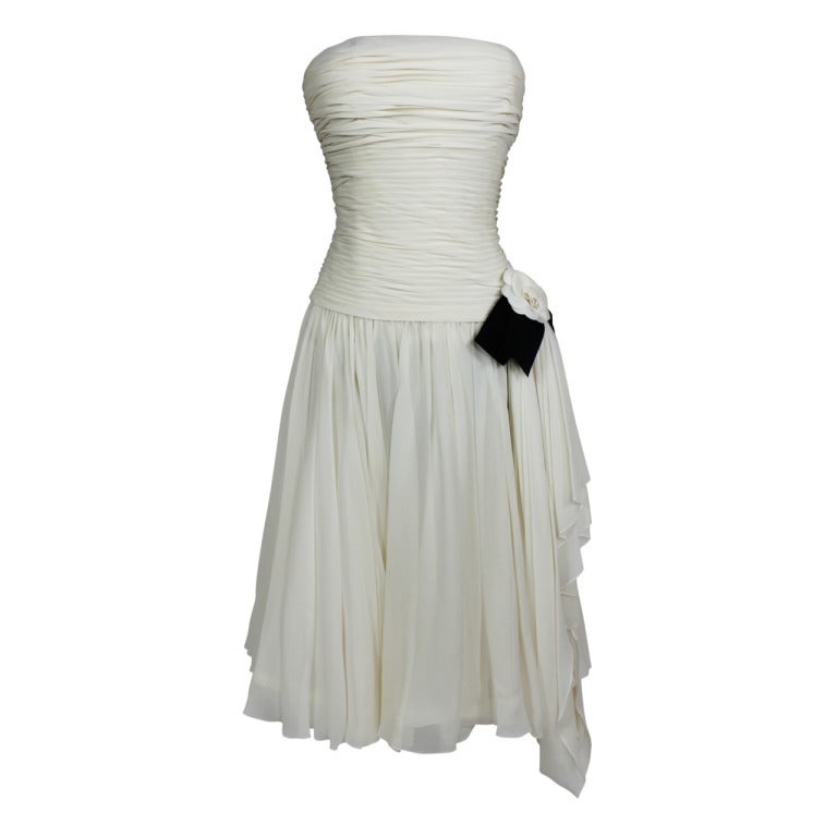 CHANEL Boutique Cream Chiffon Ruched Cocktail Dress with Camellia