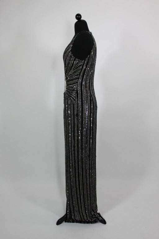 Balestra Black and Silver Beaded Gown with Crystal Embellishments In Good Condition In Los Angeles, CA
