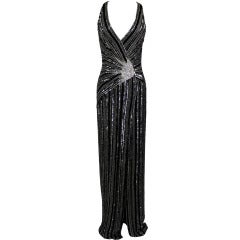 Retro Balestra Black and Silver Beaded Gown with Crystal Embellishments