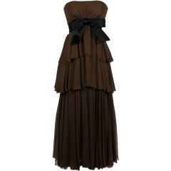 Sarmi 1960s Rich Chocolate Brown Tiered Chiffon Gown