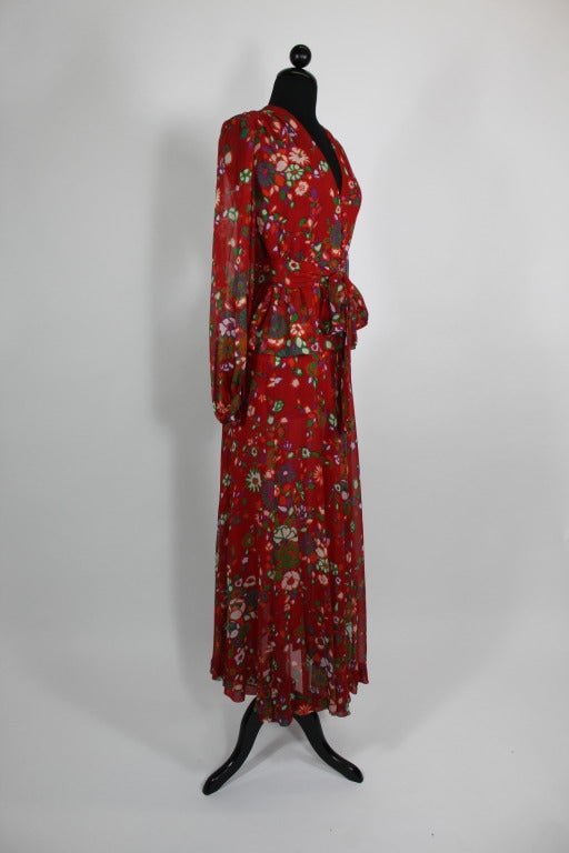Yves Saint Lauren Red Floral Silk Chiffon Ensemble In Excellent Condition In Los Angeles, CA