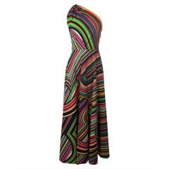 Lanvin 1970s Rainbow Op Art Asymmetrical Gown