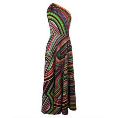 Lanvin 1970s Rainbow Op Art Asymmetrical Gown