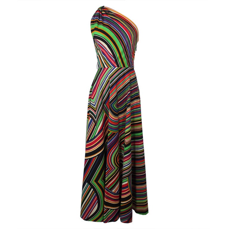 Lanvin 1970s Rainbow Op Art Asymmetrical Gown at 1stdibs