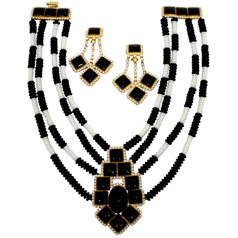 William de Lillo 1960s Black & White Collar Necklace with Earrings