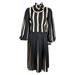 Bill Blass Black & White Silk Dress with Ruffled Bow Collar