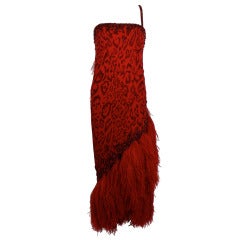 Bob Mackie Fire Red Cheetah Print Chiffon Gown with Ostrich Feathers
