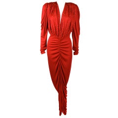 Holly's Harp Lipstick Red Jersey Ruched Gown with Plunging Neckline