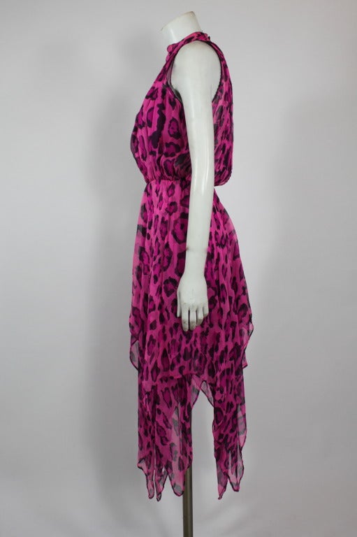 1980s Merivale Shocking Pink Leopard Print Chiffon Party Dress In Excellent Condition In Los Angeles, CA