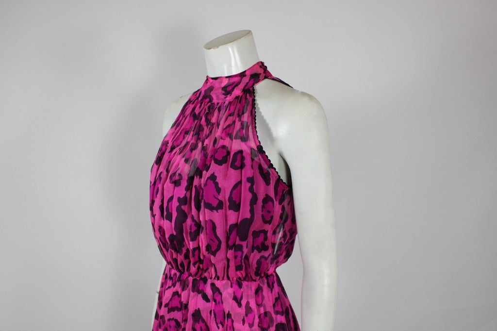 1980s Merivale Shocking Pink Leopard Print Chiffon Party Dress 1
