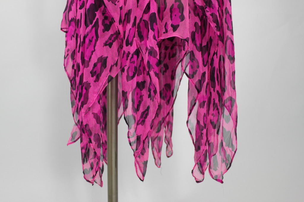 1980s Merivale Shocking Pink Leopard Print Chiffon Party Dress 2