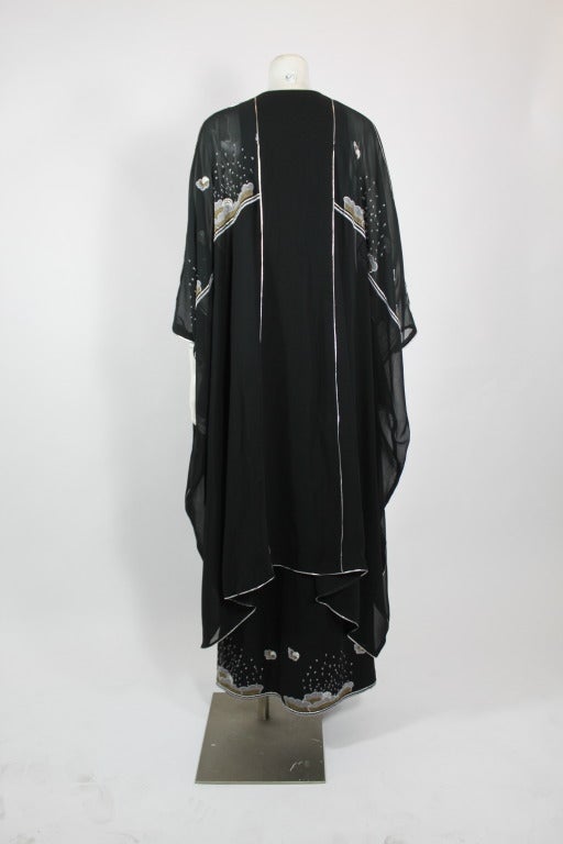Janice Wainwright 1970s Black Chiffon Embroidered Caftan In Good Condition In Los Angeles, CA