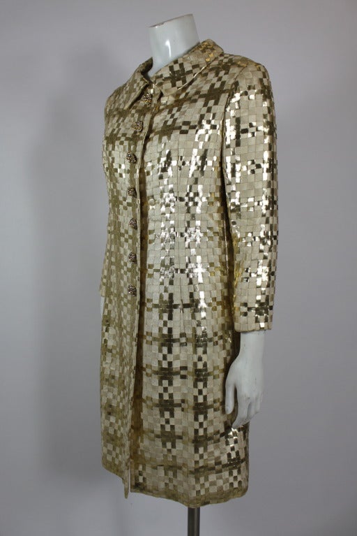 Brown Valentino Couture 1960s Gold Metallic Basket Woven Coat