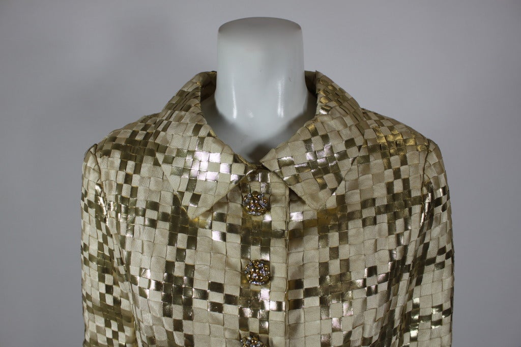 Valentino Couture 1960s Gold Metallic Basket Woven Coat 1