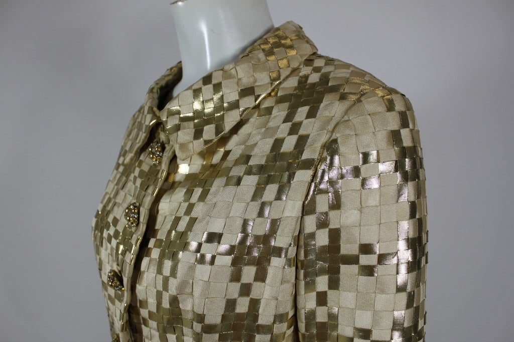 Valentino Couture 1960s Gold Metallic Basket Woven Coat 2