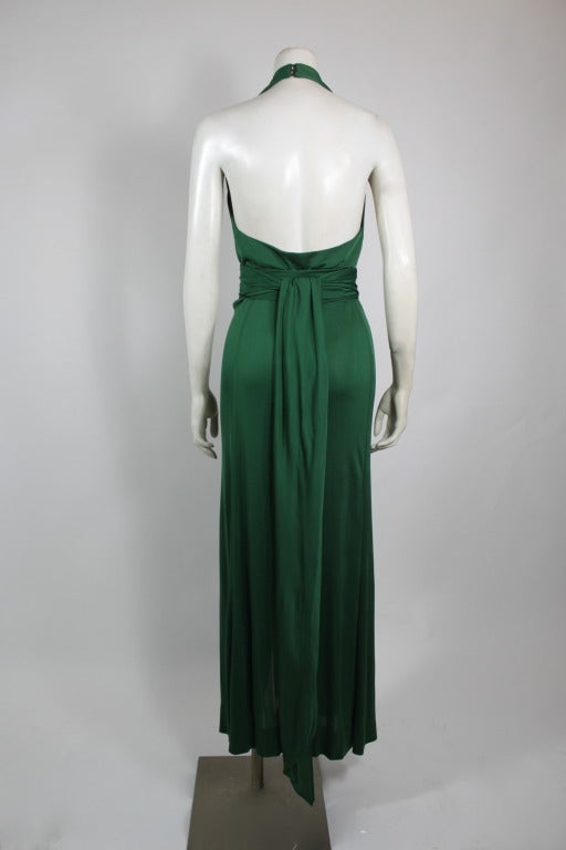 1970s Halston Emerald Green Silk Jersey Halter Gown In Excellent Condition In Los Angeles, CA