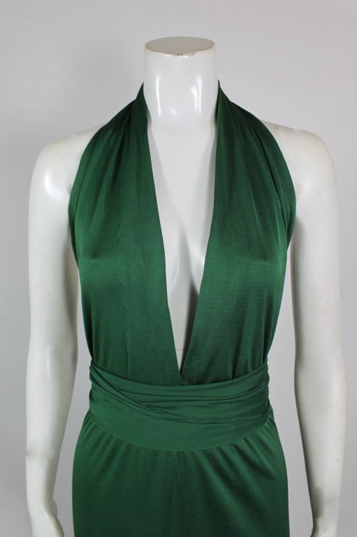 Women's 1970s Halston Emerald Green Silk Jersey Halter Gown
