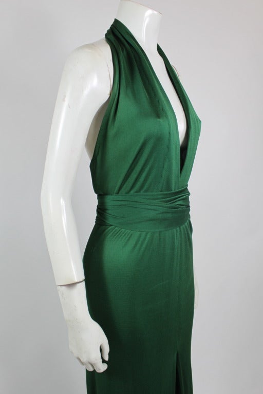 1970s Halston Emerald Green Silk Jersey Halter Gown 1