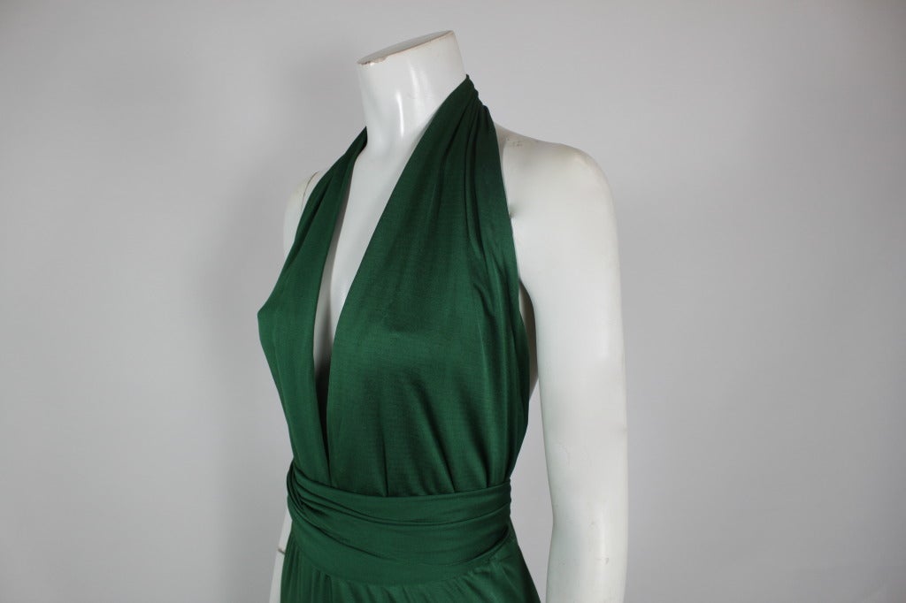 1970s Halston Emerald Green Silk Jersey Halter Gown 2