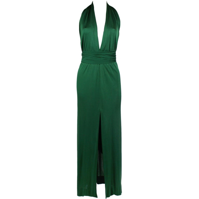 1970s Halston Emerald Green Silk Jersey Halter Gown