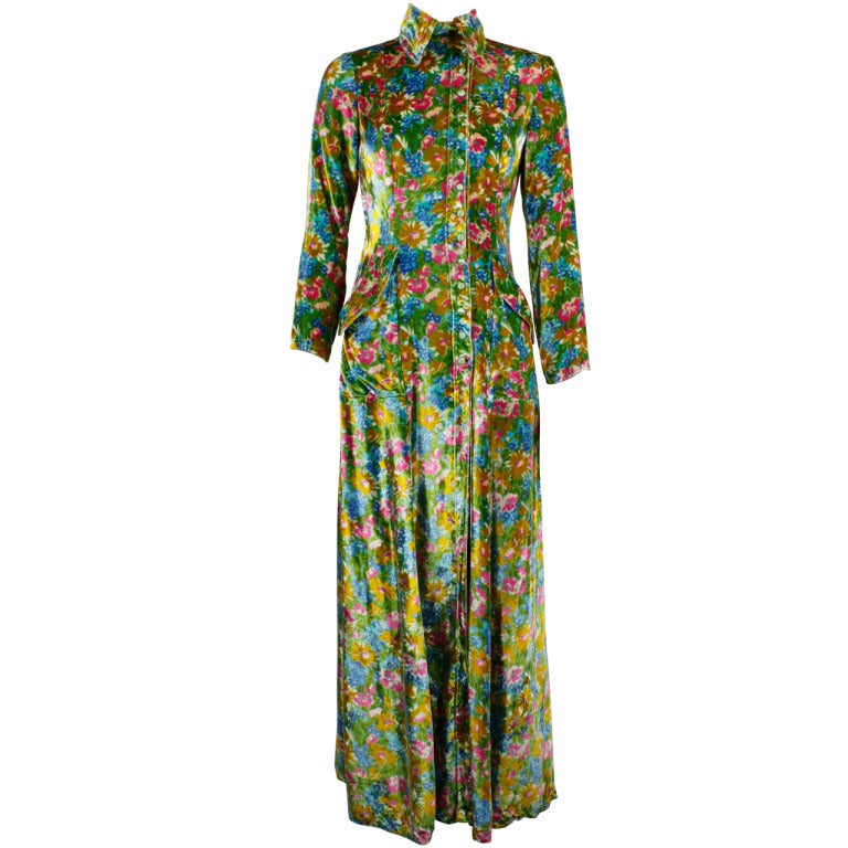 1970s Ossie Clark Colorful Floral Velvet Button-Front Gown at 1stdibs