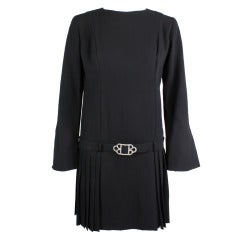 1960s Mackie-Aghayan Black Crepe Pleated Dress with Rhinestone Belt