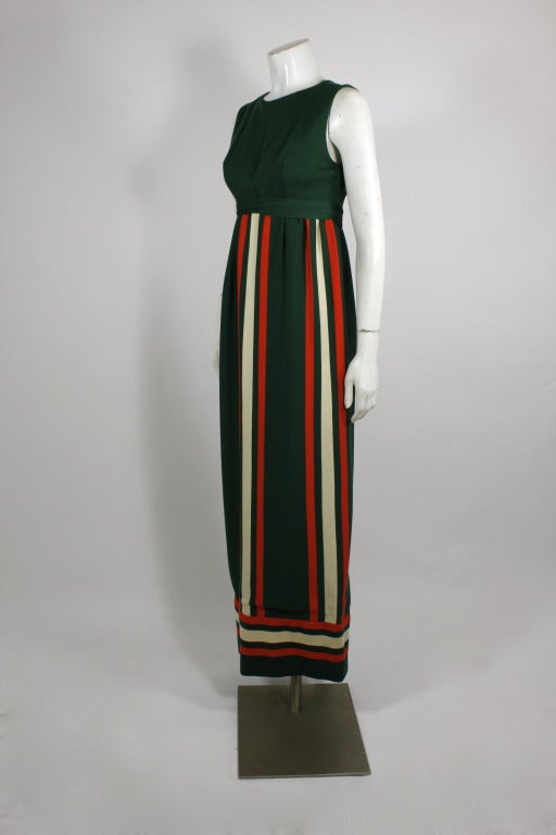 Black Galanos 1960s Green and Orange Graphic Stripe Wool Gown