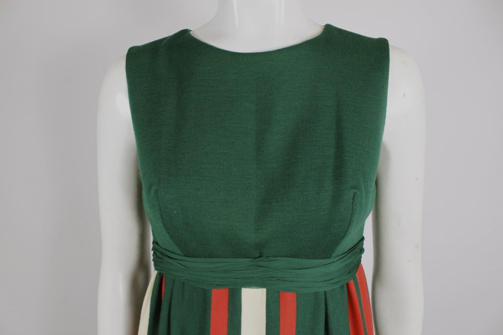 Women's Galanos 1960s Green and Orange Graphic Stripe Wool Gown