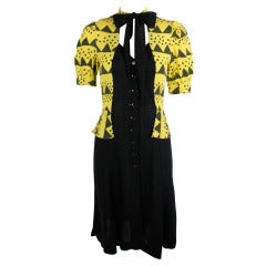 1970s Ossie Clark/Celia Birtwell Graphic Yellow Dress with Peplum