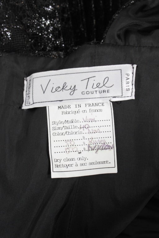 1980s Vicky Tiel Couture Black Lace Party Dress with Rhinestone Collar For Sale 6