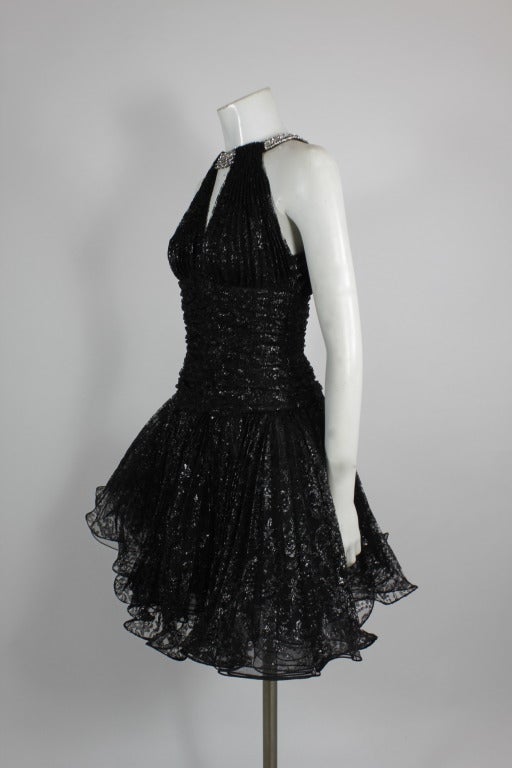 1980s Vicky Tiel Couture Black Lace Party Dress with Rhinestone Collar In Excellent Condition For Sale In Los Angeles, CA