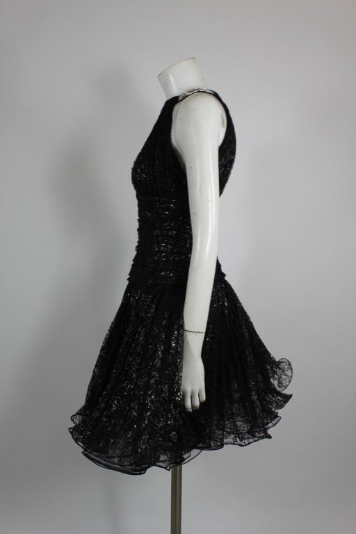 Women's 1980s Vicky Tiel Couture Black Lace Party Dress with Rhinestone Collar For Sale