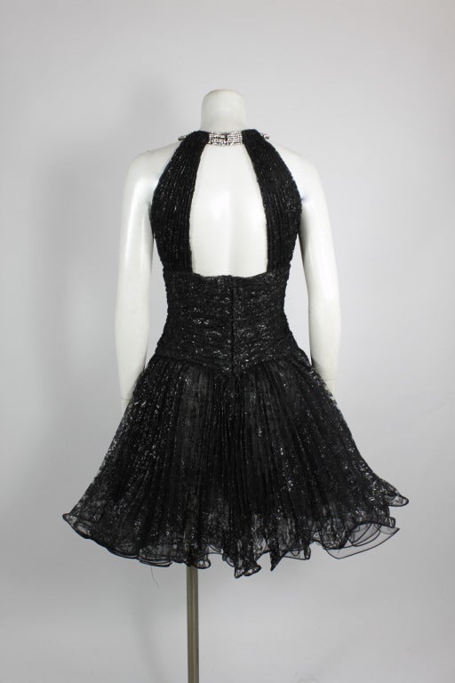 1980s Vicky Tiel Couture Black Lace Party Dress with Rhinestone Collar For Sale 1