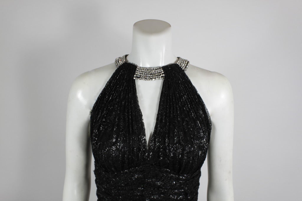 1980s Vicky Tiel Couture Black Lace Party Dress with Rhinestone Collar For Sale 2