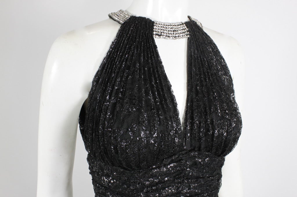 1980s Vicky Tiel Couture Black Lace Party Dress with Rhinestone Collar For Sale 3