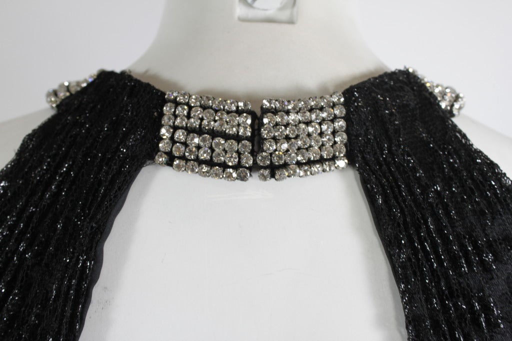1980s Vicky Tiel Couture Black Lace Party Dress with Rhinestone Collar For Sale 5