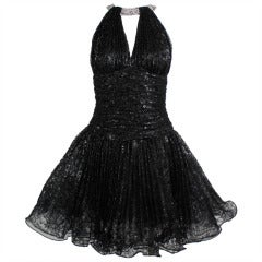 1980s Vicky Tiel Couture Black Lace Party Dress with Rhinestone Collar