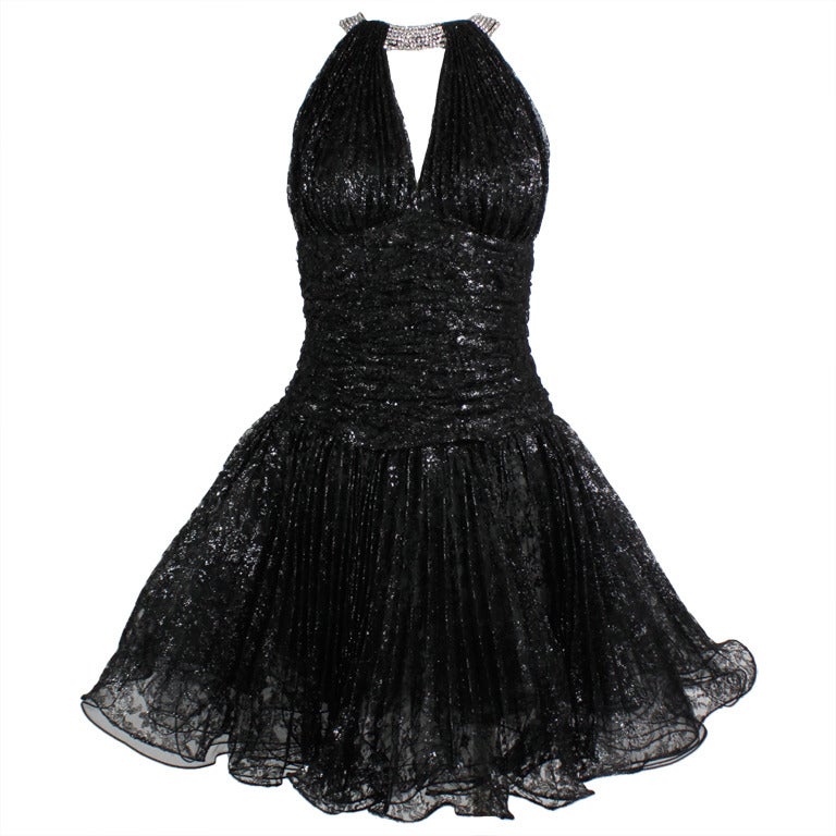 1980s Vicky Tiel Couture Black Lace Party Dress with Rhinestone Collar For Sale