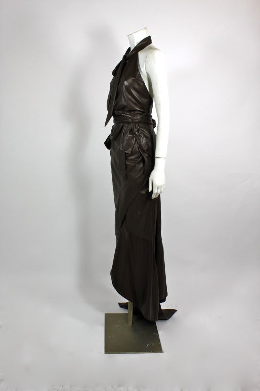 Nina Ricci 1990s Rich Chocolate Brown Leather Halter Gown In Excellent Condition In Los Angeles, CA