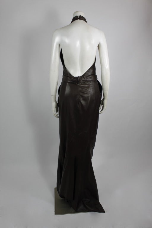Women's Nina Ricci 1990s Rich Chocolate Brown Leather Halter Gown
