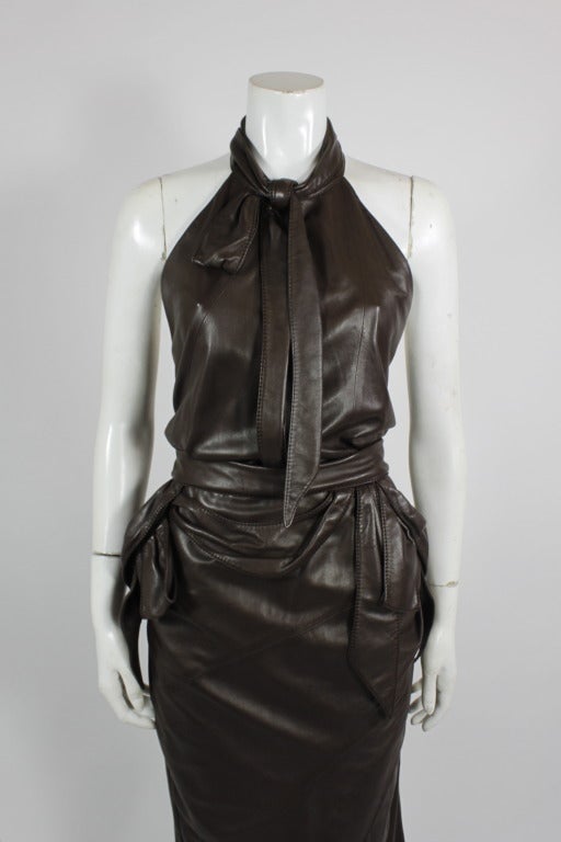 Nina Ricci 1990s Rich Chocolate Brown Leather Halter Gown 1