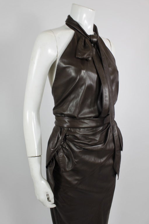 Nina Ricci 1990s Rich Chocolate Brown Leather Halter Gown 2