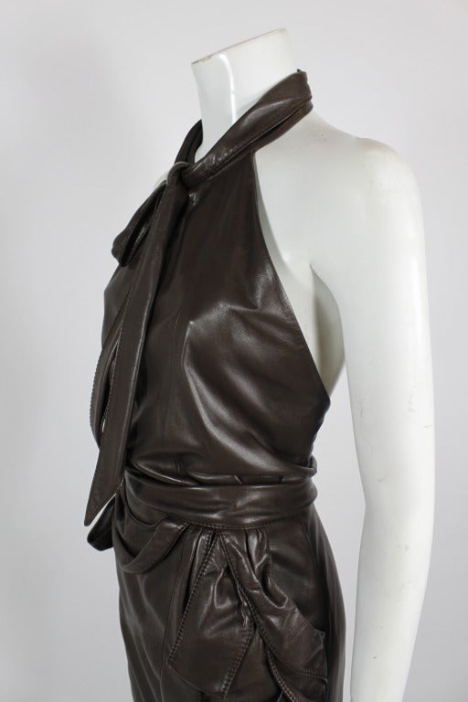 Nina Ricci 1990s Rich Chocolate Brown Leather Halter Gown 3