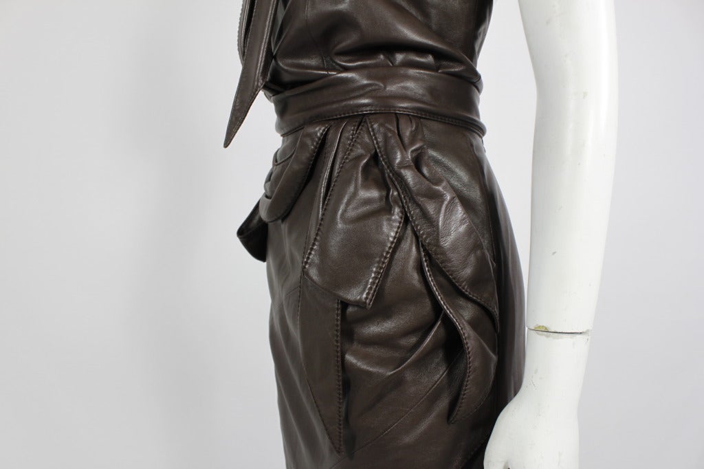 Nina Ricci 1990s Rich Chocolate Brown Leather Halter Gown 4