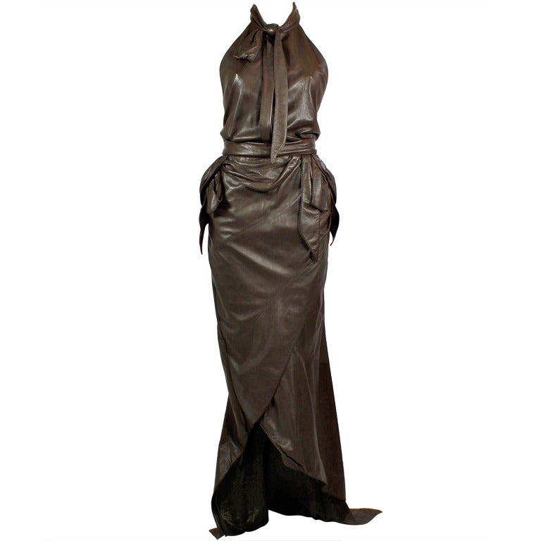 Nina Ricci 1990s Rich Chocolate Brown Leather Halter Gown