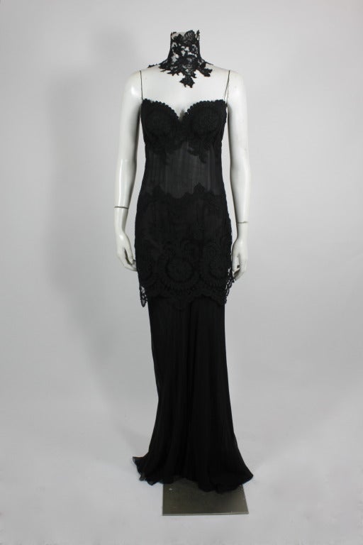 1990s GALANOS Black Chiffon Lace Gown with Lace Collar In Excellent Condition In Los Angeles, CA