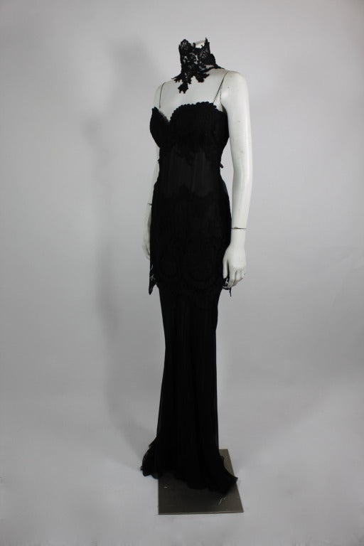 Women's 1990s GALANOS Black Chiffon Lace Gown with Lace Collar