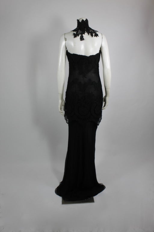 1990s GALANOS Black Chiffon Lace Gown with Lace Collar 1