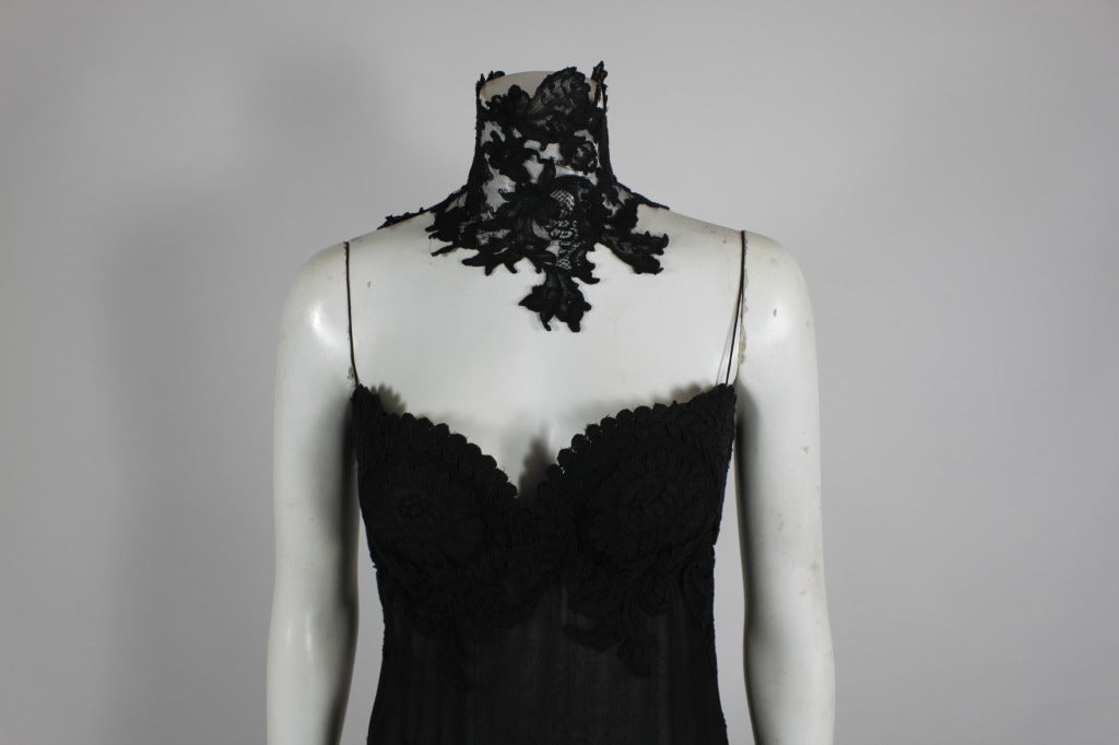 1990s GALANOS Black Chiffon Lace Gown with Lace Collar 2