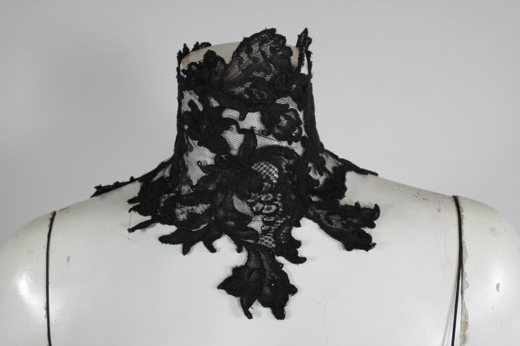 1990s GALANOS Black Chiffon Lace Gown with Lace Collar 3